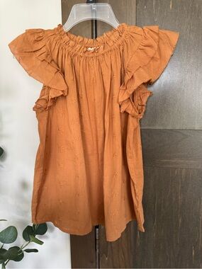 Universal Thread Mustard Yellow Ruffle Sleeve Embroidered Top
